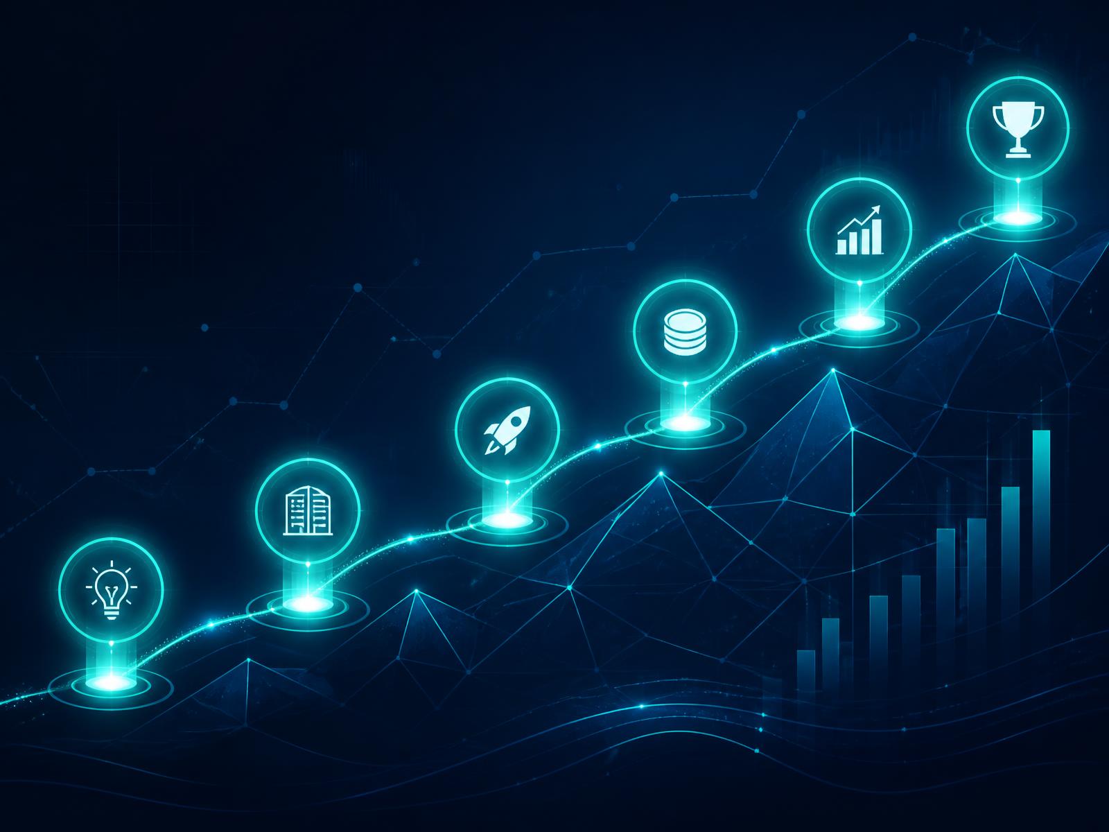 Startup growth journey from idea to IPO with financial charts